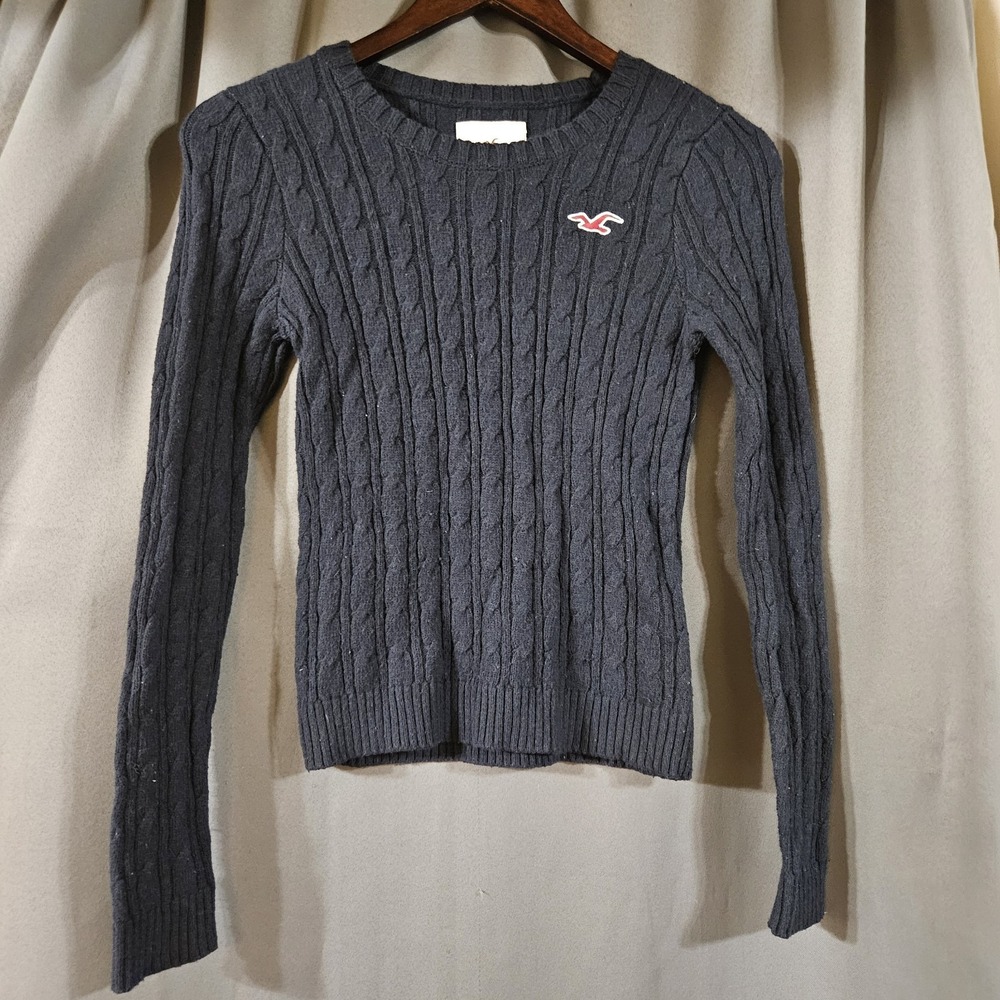 Hollister Navy Blue Cable Knit Sweater Women Small Embroidered Logo Cotton Blend